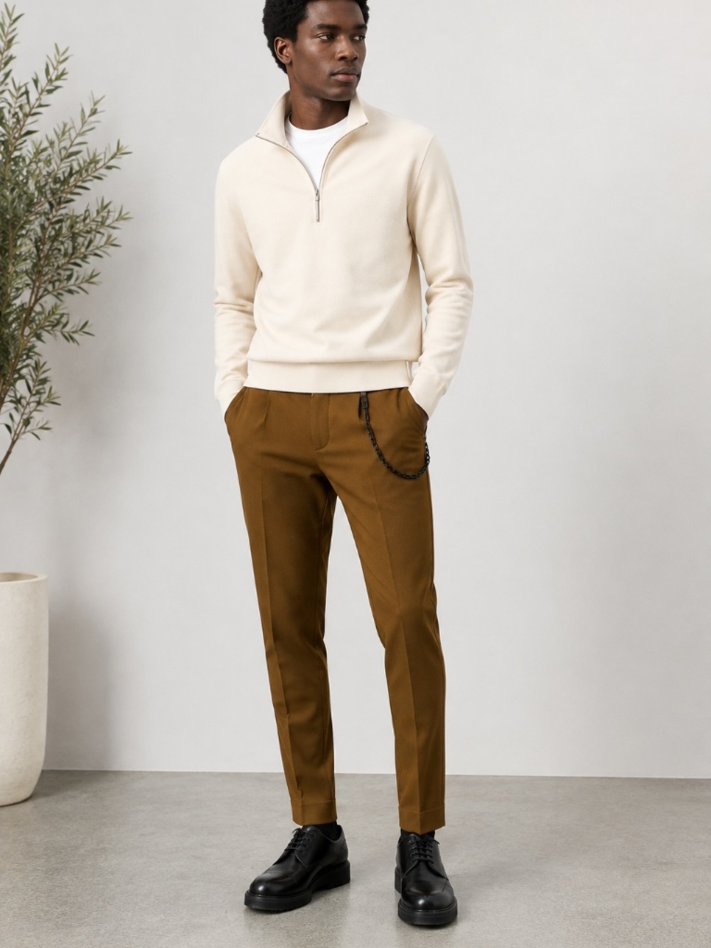 Zara Men Brown Pleated Tapered Pants Chain Detail | Size M